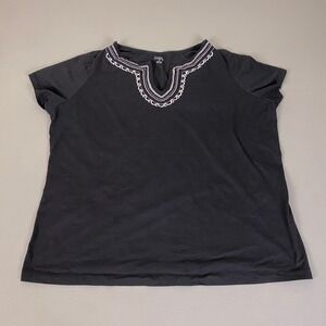 Falls Creek T-Shirt Women Plus Size 2X Black Short Sleeve Embroidered Split Neck
